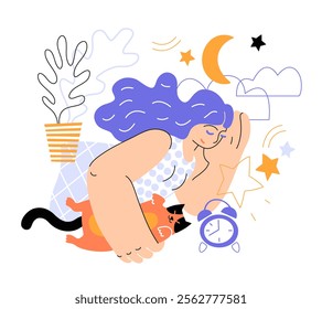 Woman sleeping in bed with a cat. Good normal sleep for self-care and mental health support. Caring lifestyle. Modern flat vector illustration.