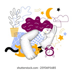 Woman sleeping in bed with a cat. Good normal sleep for self-care and mental health support. Caring lifestyle. Modern flat vector illustration.