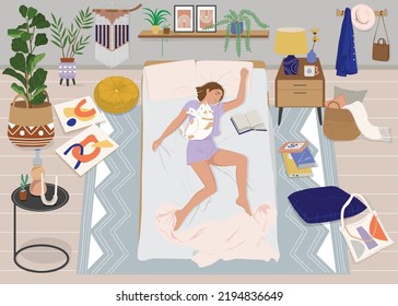 Woman sleeping in bed with a cat laying on her chest. Vector illustration of young woman fell asleep after reading a book. Modern colourful cozy bedroom interior with potted plants, arts, pillows.