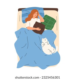 Woman sleeping in bed with cute cat asleep and lying together with her. Girl lying and dreaming on pillow under cozy blanket. Sleepy pet owner, relaxing with kitty. Flat graphic illustration, top view