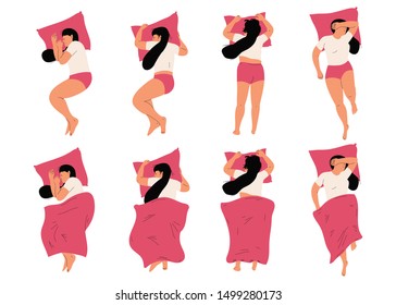 Woman sleeping in bed in different positions vector cartoon characters top view set isolated on a white background.