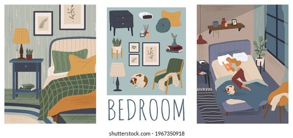 Woman sleeping in bed with a dog. Bedroom interior hand drawn vector illustration set. Home modern interior design. Cozy room furniture and accessories