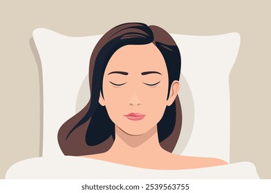 Woman sleeping in bed - Face with closed eyes of female person falling asleep feeling comfort and relaxed with head on pillow lying under blanket in bed. Top down view vector illustration graphic