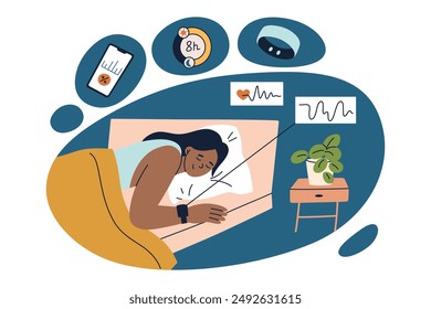 Woman sleeping in bed with fitness tracker, sleep tracking vector illustration, sleep cycles analysis, healthy lifestyle concept. Composition in flat cartoon style. Wearables for sleep hygiene