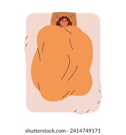 Woman sleeping in bed. Happy girl asleep under blanket, lying, resting on pillow. Person reposing, covered with duvet, top view. Healthy dream. Flat vector illustration isolated on white background