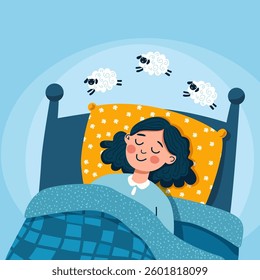Woman sleeping in bed. Healthy sleep. Flat graphic vector illustration on white background