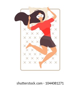 Woman is sleeping in bed with mask  on the mattress. Flat design vector illustration.