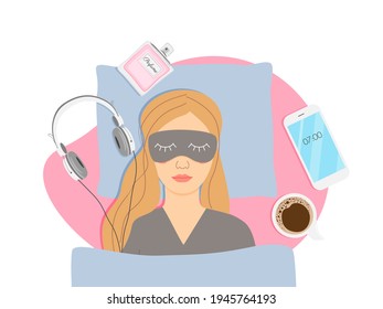 Woman sleeping in bed with mask on her eyes. Vector illustration.
