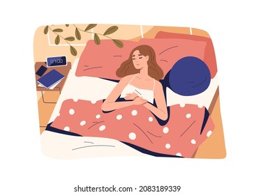 Woman Sleeping In Bed. Peaceful Morning Sleep Of Person. Female Asleep In Cozy Comfy Bedroom At Home, Lying And Dreaming Alone On Pillows Under Blanket. Flat Vector Illustration Of Human Relaxing