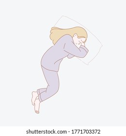 woman sleeping in bed and relaxing in the morning. girl with eyes closed, enjoys good rest. pastel vector line illustration