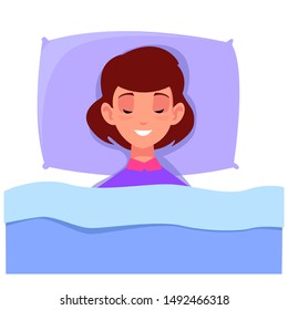 Woman sleeping in bed and smiling. Good dreams. Vector illustration in cartoon style.