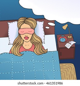 Woman sleeping in bed top view pop art comics vector. Blonde woman sleeping at night in mask with dreaming cloud.