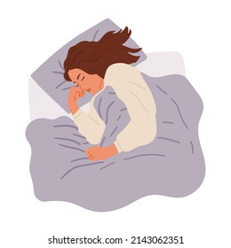 Woman sleeping in bed. Vector hand drawn illustration in flat cartoon style. Isolated on white background.