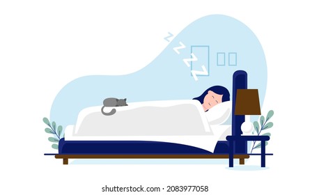 Woman Sleeping In Bed - Vector Illustration Of Female Person Lying In Bedroom Snoring And Having A Sleep On White Background