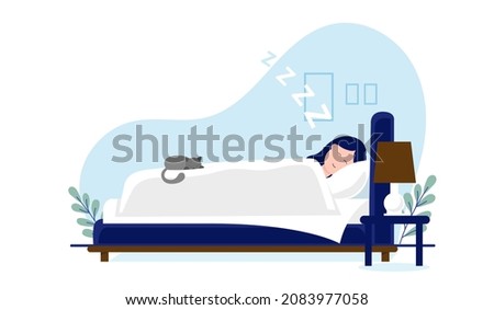 Woman sleeping in bed - vector illustration of female person lying in bedroom snoring and having a sleep on white background