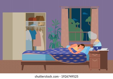 Woman Sleeping In Bedroom With Humidifier Working. Healthy Sleep. Flat Vector Illustration.