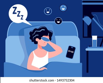 Woman Sleeping In The Bedroom At Night With A Sleeping Mask And Happy Smile. Good Healthy Sleep Concept. Sweet Dreams. Good Work Of Biological Rhythms. Flat Vector Illustration. Sleeping Schedule.