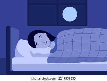 Woman sleeping in bedroom at night vector illustration.