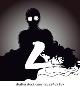 woman sleeping beside a dark entity representing sleep paralysis