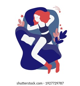 Woman sleeping with a book at night in her bed. She is under a blanket or duvet in blue bedroom. Vector illustration. Flat cartoon style.