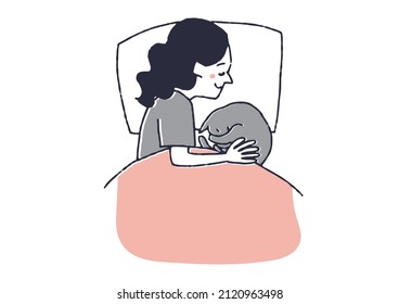 A woman sleeping and cat  comical handwritten illustration person  simple coloring vector line drawing    white background 