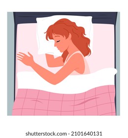 Woman sleeping in comfortable bed, cozy home bedroom top view vector illustration. Cartoon sleepy girl resting, lying on pillow under blanket to sleep and dream at night, lifestyle background