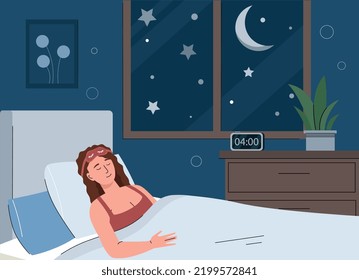 Woman sleeping concept. Young girl in sleeping mask lies on bed. Recuperation and rest. Comfort and coziness in apartment. Proper daily routine and healthy lifestyle. Cartoon flat vector illustration
