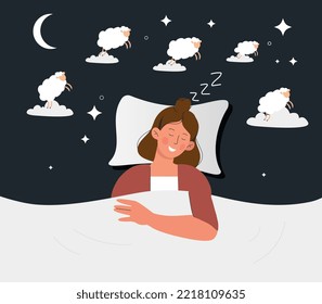 Woman sleeping concept. Young girl lies on pillow, covers herself with blanket and counts sheep. Recuperation and rest. Comfort and coziness in home. Poster or banner. Cartoon flat vector illustration