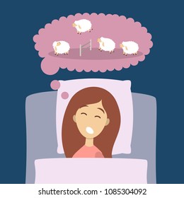 Woman sleeping and counting sheep in dream.