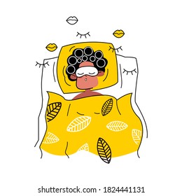 Woman sleeping in curlers and sleep mask in flat style. Sleeping girl. Spa treatments before bed. Vector stock illustration.