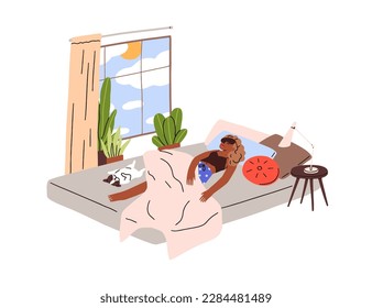 Woman sleeping at daytime. Girl resting, lying, staying in bed late in morning, day at weekend, holiday. Person asleep, dreaming in bedroom. Flat vector illustration isolated on white background