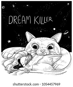 woman sleeping with dream killer cat vector design,t shirt design