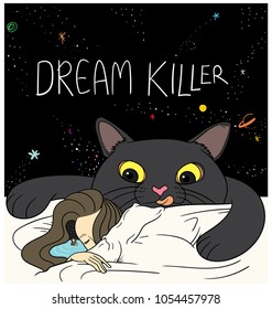 woman sleeping with dream killer cat vector design,t shirt design