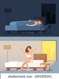 Woman sleeping and dreaming in bed at night and waking up in morning cartoon vector concept. Illustration of character dream and awake in bedroom