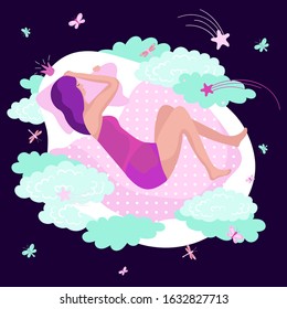 Woman sleeping and dreaming, bedtime concept, vector illustration. Young woman in bed, cartoon character sleep at night. Dream symbols, clouds and butterflies in flat style, healthy sleep summer night