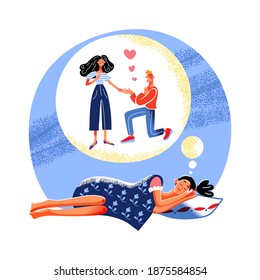 Woman sleeping, dreaming of marriage proposal. Happy girl dreams of getting married on pillow, man asking hand in circle. Thinking of love and relationship vector illustration.