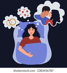 The woman is sleeping. A woman dreams of a wedding, marriage. flat cartoon style. vector design