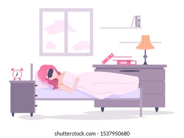 Woman sleeping in her bed. Lady sleep in his room. Lonely young girl is resting after a hard day in bedroom on mattress, with blindfold on her eyes, protection from light cartoon vector illustration