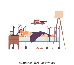 Woman sleeping in her bed at night, flat vector illustration isolated on white background. Women night rest and sleeping time in daily routine timetable.