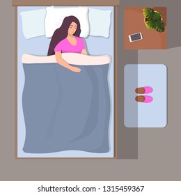 Woman sleeping in her bed, top view. Girl sleeps peacefully with smartphone near her head. Slippers on the Mat near the bed. Vector illustration in flat style