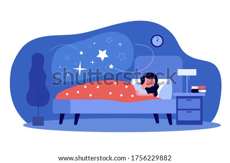 Woman sleeping in her bedroom. Peaceful person resting in bed with stars in cloud bubble. Flat vector illustration for dream, comfort, night, nighttime topics