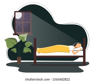 Woman sleeping in his bed. Flat vector illustration on man sleeping peacefully at night in his bedroom.