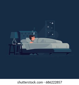 Woman Sleeping In His Bed. Flat Vector Illustration On Woman Sleeping Peacefully At Night In Her Bedroom With Bedside Table, Nightstand Lamp And Alarm Clock