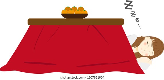 woman sleeping in kotatsu. Vector illustration