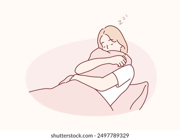  Mujer durmiendo en la cama sobre una almohada blanca suave y cómoda en la habitación en casa. Ilustraciones de diseño de Vector de estilo dibujado a mano.