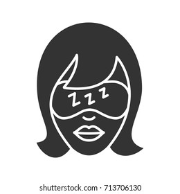 Woman with sleeping mask glyph icon. Silhouette symbol. Dense bandage on eyes. Negative space. Vector isolated illustration