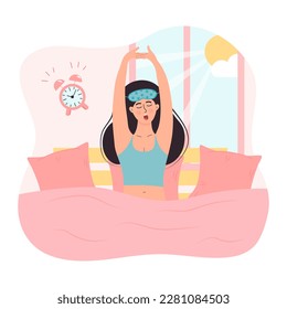 Woman in sleeping mask is waking up, yawning and stretching out in the bed with pillows. Sun shining through the window and alarm ringing. Daily morning routine.