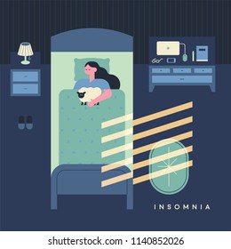 Woman sleeping in the moonlight bedroom Top view illustration. flat design style vector graphic illustration set