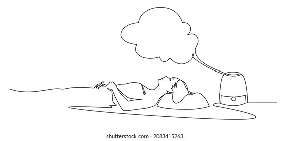 Woman sleeping near humidifier with steam jet continuous line vector illustration