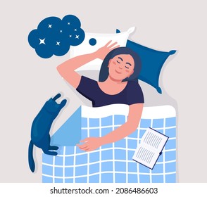 Woman Sleeping At Night With Book And Cat. Girl Sleep In Bed On Pillow Under Duvet. Peaceful Dream And Relax. Resting Time And Comfortable Relaxation. Sweet Dreams, Good Health. Vector Illustration